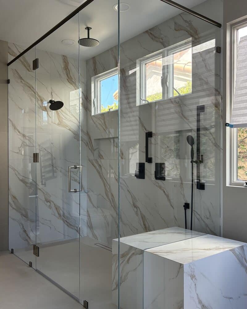 8-foot Starphire frameless shower enclosure with island bench in Del Mar, CA